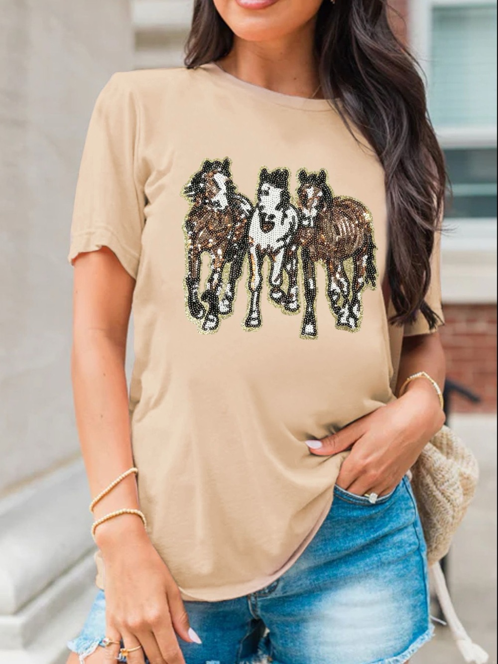 Sequin Horses Patched Casual Crewneck T Shirt